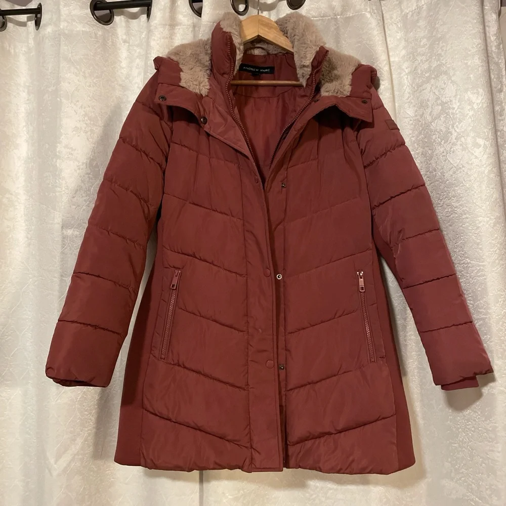 Andrew Marc Women's Puffer Coat with Faux Fur Hood - Rust - Picture 5 of 7